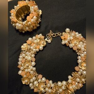 Vintage Beaded, Gold Flower Necklace And Bracelet Set